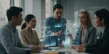 Team collaborating on AI-driven digital strategy projections in modern office