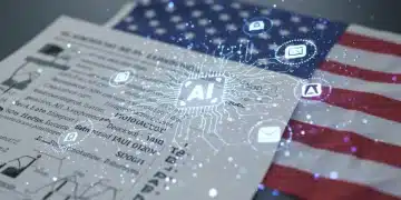 Complex digital network with legal documents symbolizing 2025 US AI regulation for tech businesses.