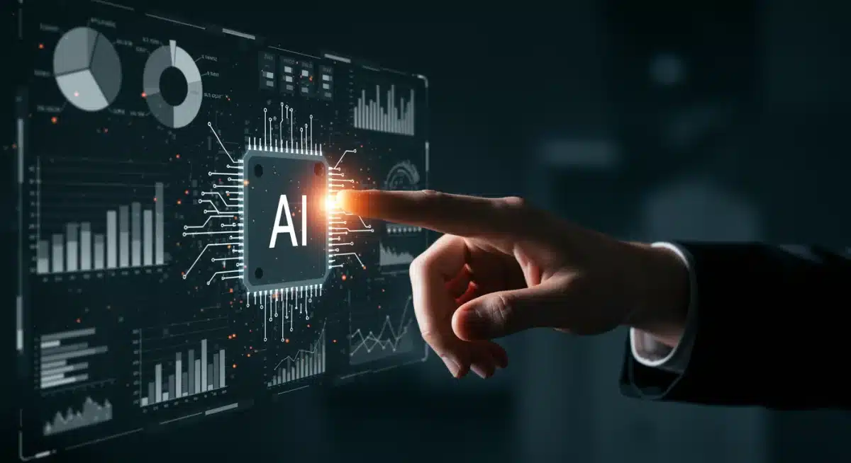 Hand interacting with AI interface showing data and analytics