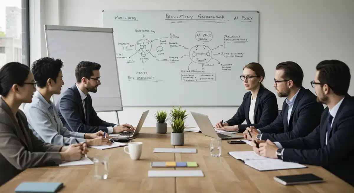 Professionals discussing AI policy and regulatory frameworks in a conference room setting.