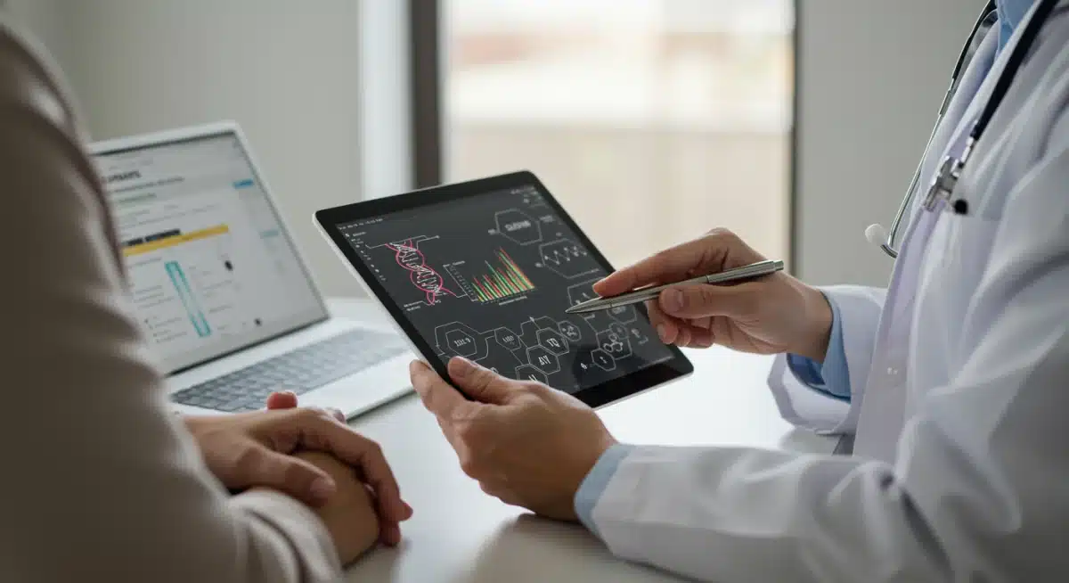Doctor explaining personalized treatment to patient with digital health data.