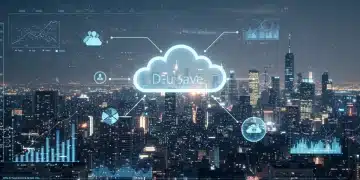 Futuristic cityscape with data flows, symbolizing cloud spending optimization for tech startups.