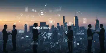 Futuristic digital marketing strategies for US businesses in 2025, showing AI, data analytics, and personalized customer engagement.
