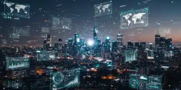 Futuristic cityscape with digital interfaces representing Q1 2025 tech landscape