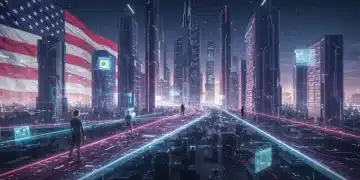 Futuristic metaverse cityscape with digital pathways and economic symbols