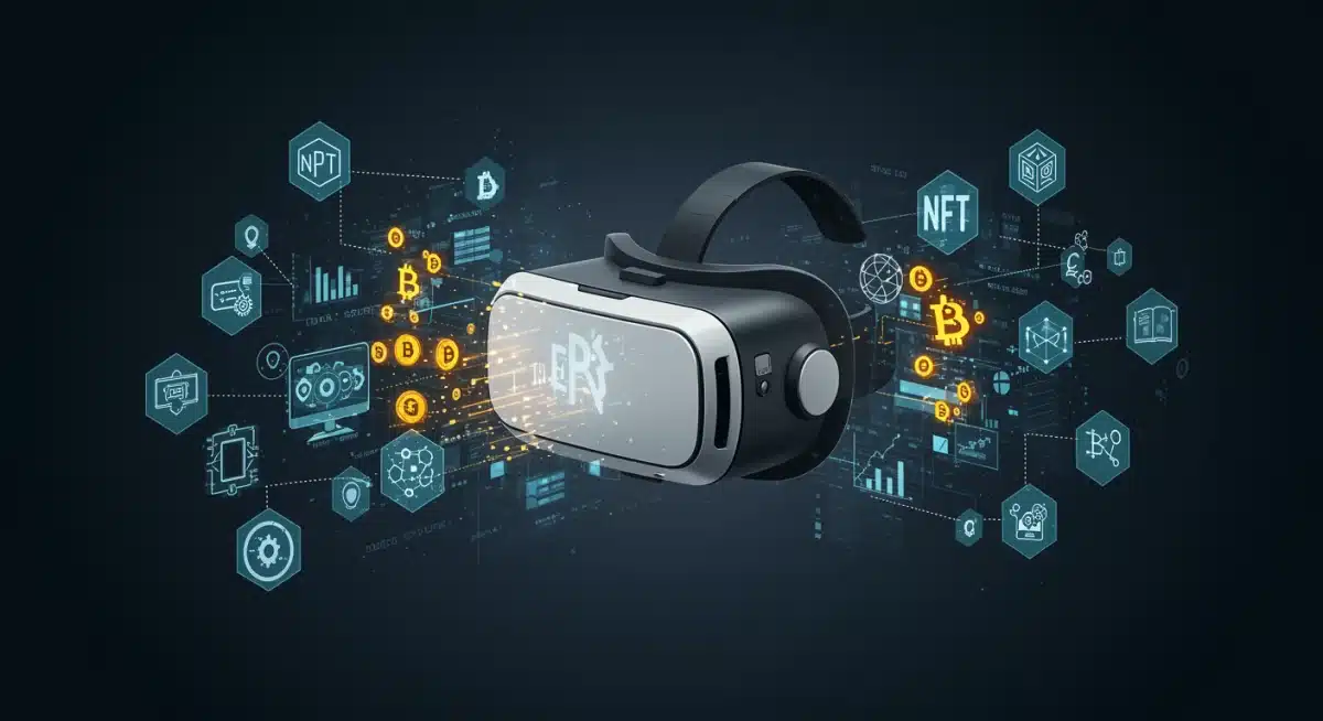 Virtual reality headset with data streams and metaverse component icons