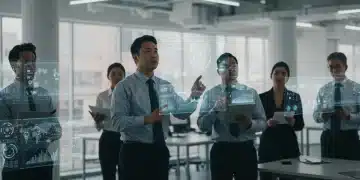 Professionals interacting with digital projections in a modern office, symbolizing the digital economy