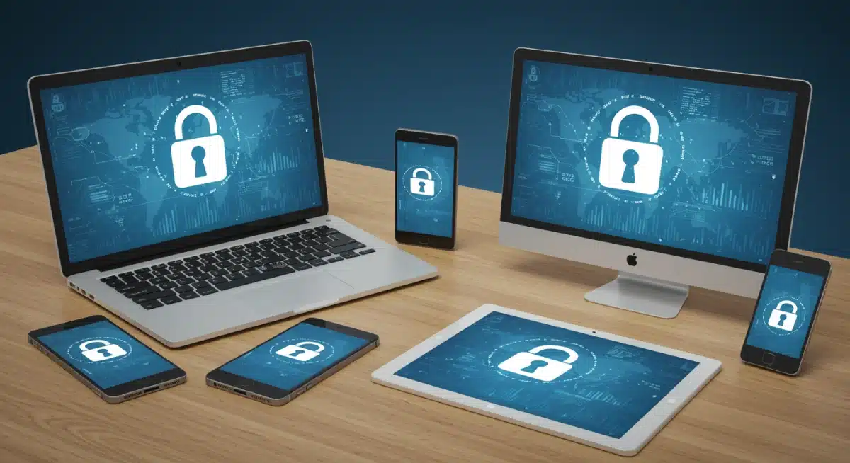 Secure digital devices with padlock icons representing data protection measures