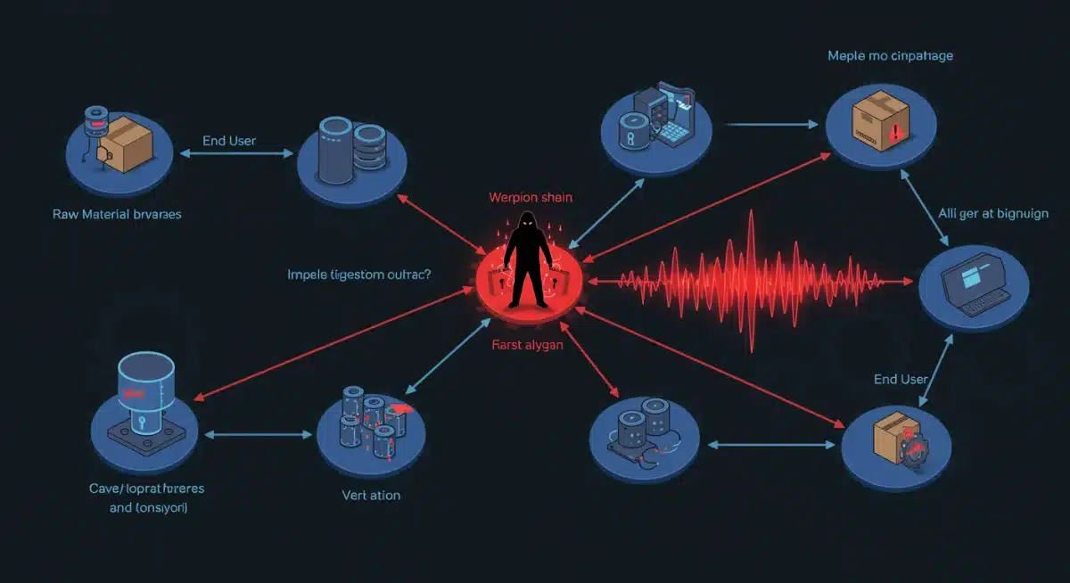 Diagram illustrating a sophisticated supply chain cybersecurity attack.