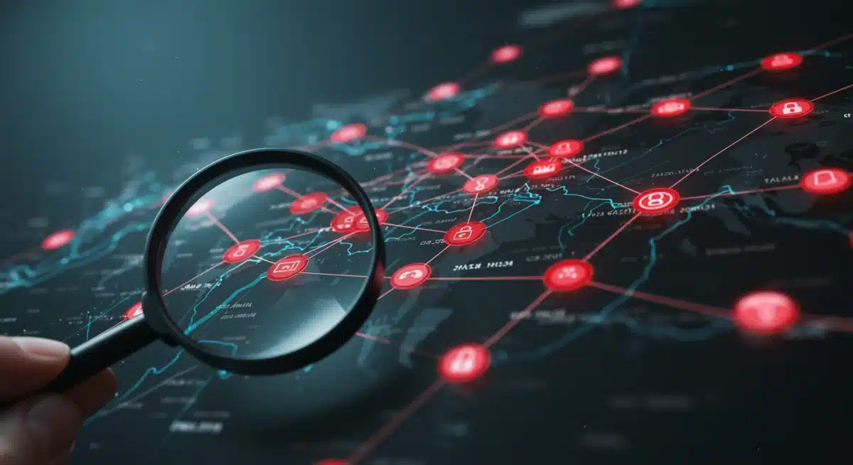 Complex network showing data streams and highlighted vulnerabilities, symbolizing advanced persistent threats.