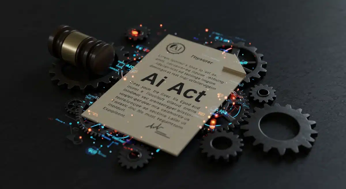 Legal document titled 'AI Act' with gears and data, symbolizing AI compliance mechanisms.