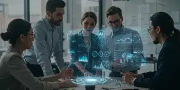Professionals analyzing AI development platforms on a holographic screen in a modern office setting.