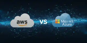 AWS vs. Azure comparison with futuristic cloud network and data streams for US enterprises in 2026.