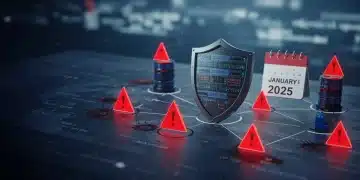 Digital shield protecting servers with January 2025 alert symbols, representing critical software vulnerabilities and urgent patches.