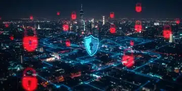Futuristic digital cityscape with glowing lines and security shield, representing cybersecurity outlook 2025 threats.