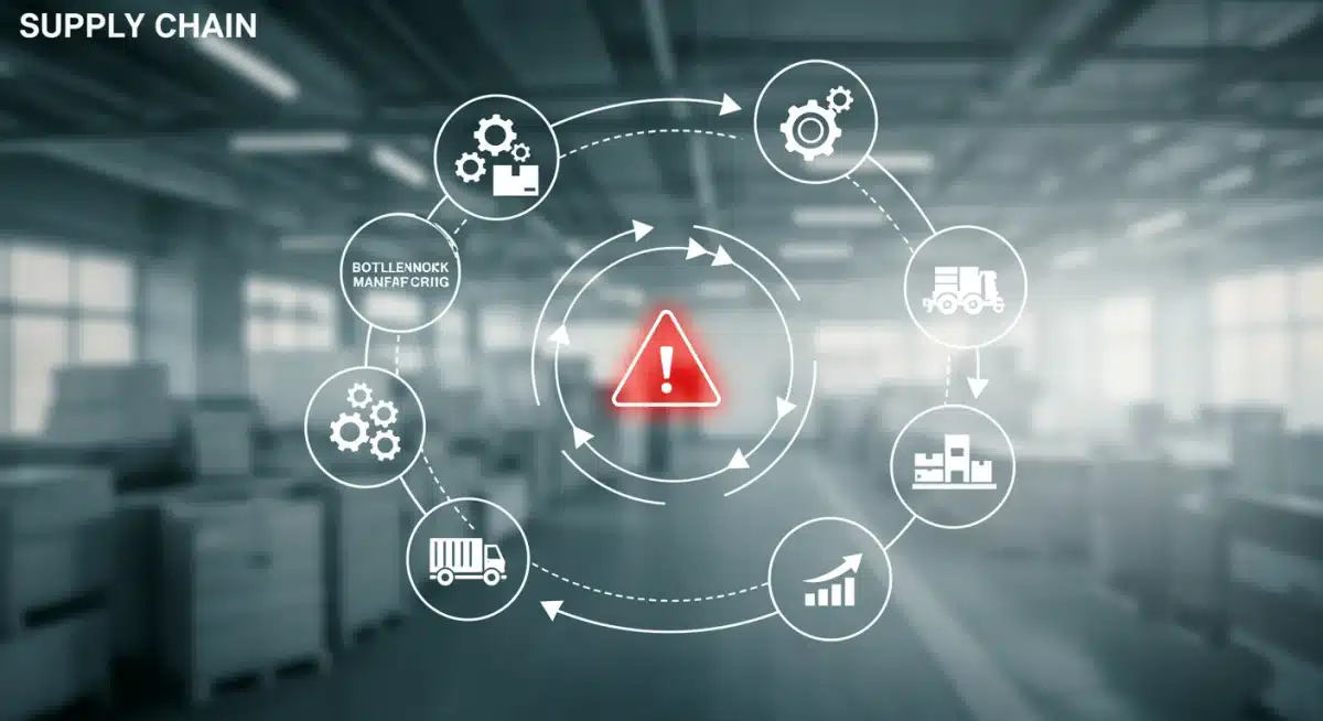 Infographic showing a disrupted semiconductor supply chain with bottlenecks in manufacturing.