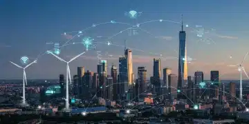 Futuristic city skyline with green energy and digital infrastructure