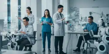 Professionals collaborating with AI and robots in a modern office setting.