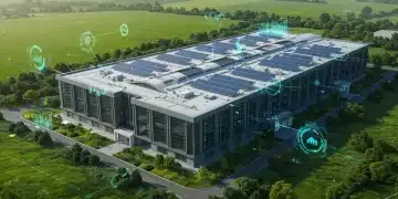 Sustainable data center with solar panels and green surroundings