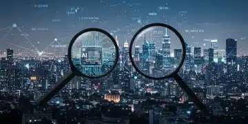 Futuristic cityscape with data flow and AI code under regulatory scrutiny in 2026.