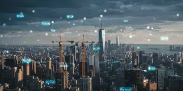 Digital network over cityscape representing US infrastructure and digital transformation