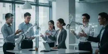 Professionals collaborating with robotic tools in a modern office, symbolizing workforce automation.