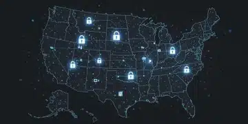 Secure data flowing across a digital map of the US, representing 2026 digital privacy regulations.
