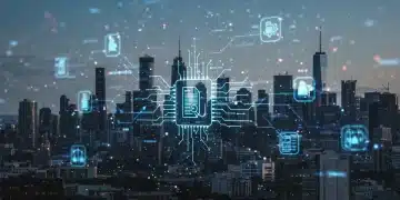 Futuristic cityscape with data streams and legal documents, representing AI ethics and US tech law.