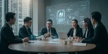 Business leaders strategizing for AI regulatory compliance in a modern office.