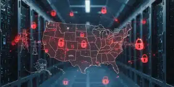 Illustration of cybersecurity threats targeting US critical infrastructure in 2026, showing digital networks under attack.