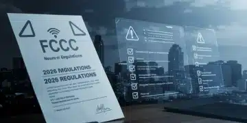 FCC Regulations 2026 document with compliance checklist and warning symbol against a city background.