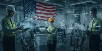 Human and robot collaboration in a futuristic US workplace, symbolizing automation's impact on jobs.