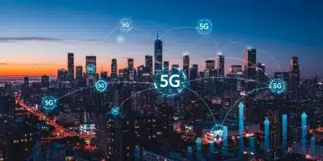 Futuristic cityscape with 5G network connections and economic growth indicators