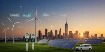 Illustration of a futuristic city powered by diverse emerging green technologies.