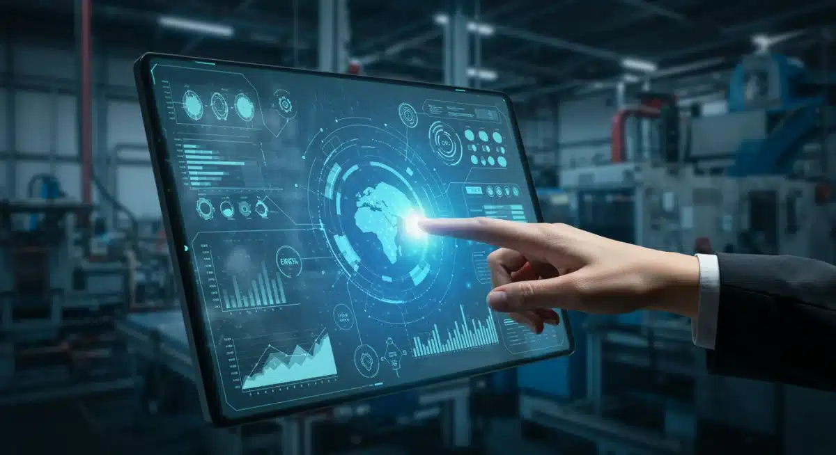 Hand interacting with a supply chain optimization dashboard showing green energy metrics