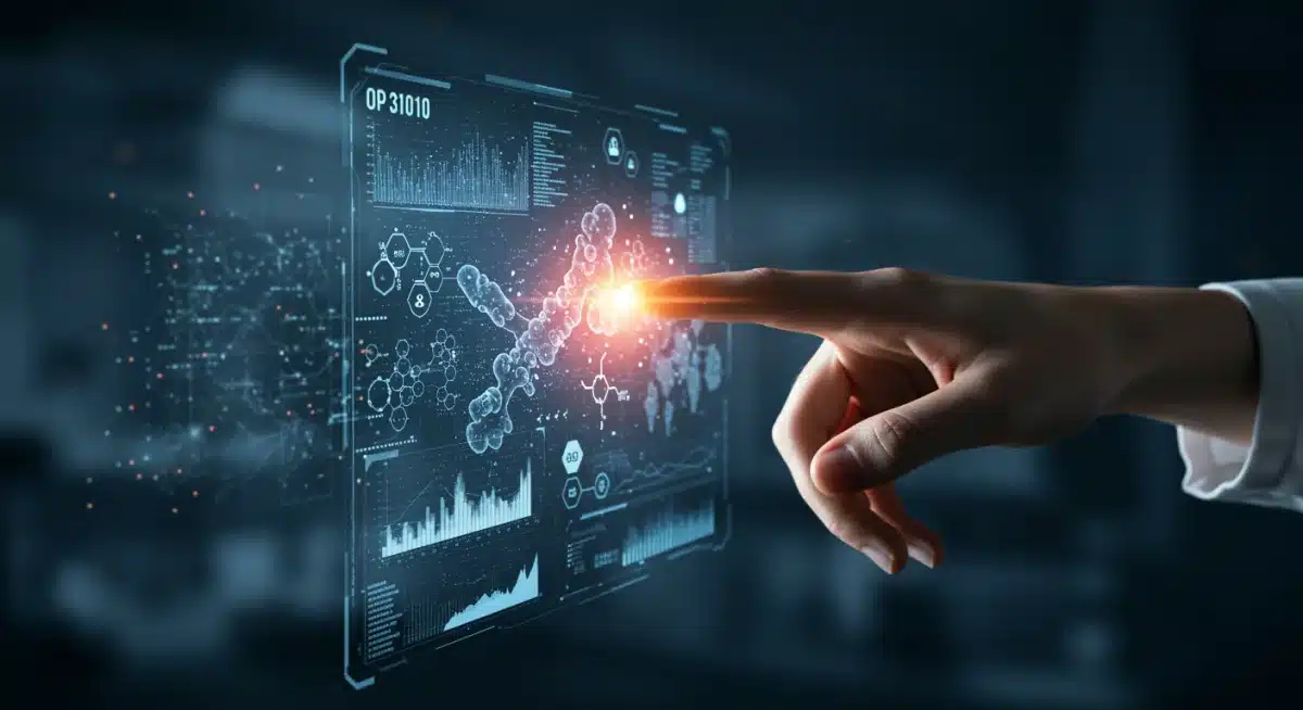 Human hand interacting with holographic bio-digital interface