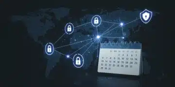 Secure network with glowing connections and a shield icon, representing cybersecurity protocols and US standards compliance by March 2026.