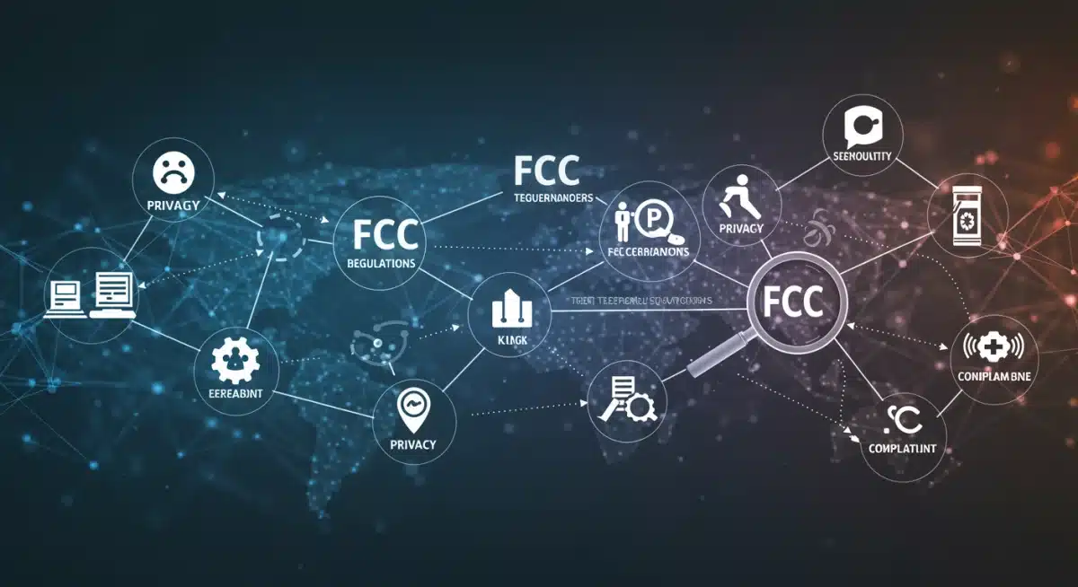 Complex network infrastructure with data flow and icons representing FCC regulations on privacy, accessibility, and service quality.