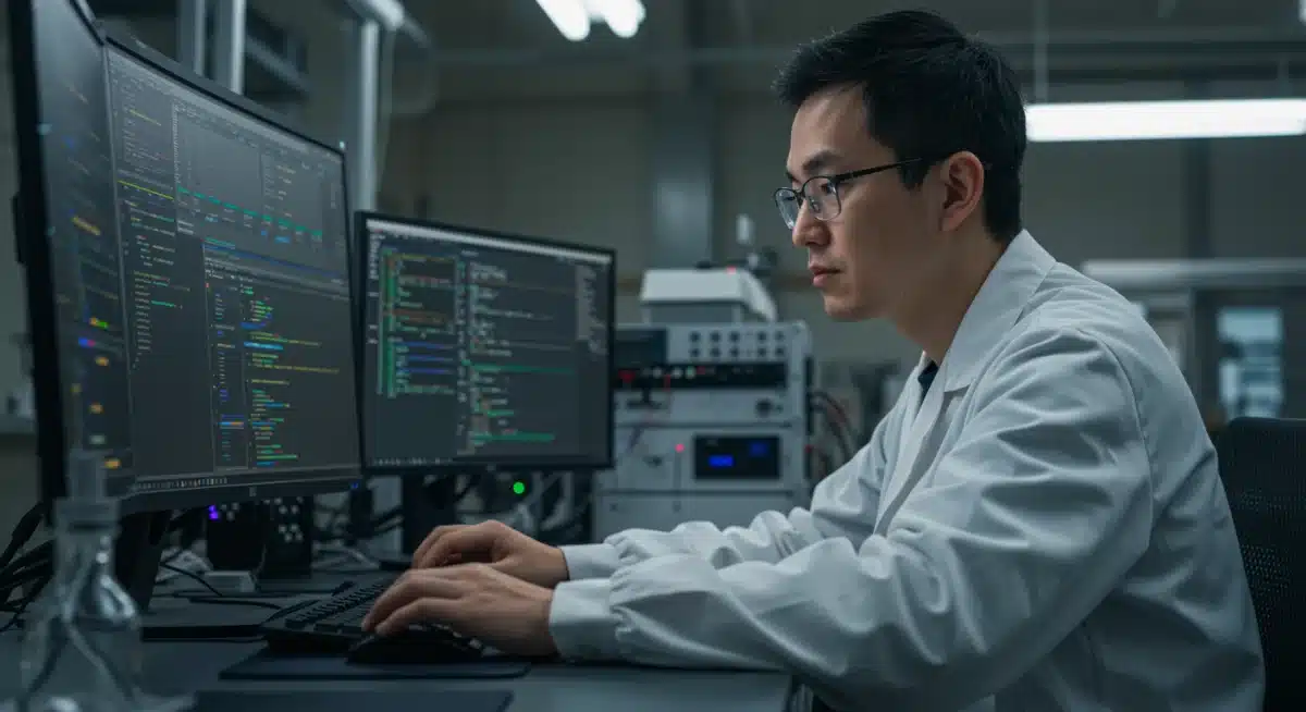 Scientist developing new generative AI algorithms in a high-tech laboratory setting.