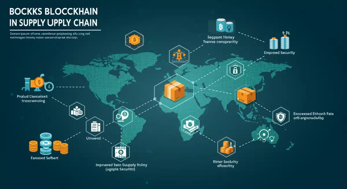 Infographic illustrating blockchain benefits in supply chain: traceability, fraud reduction, transparency, efficiency.