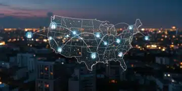 Futuristic digital network over US map, representing blockchain integration in supply chains.