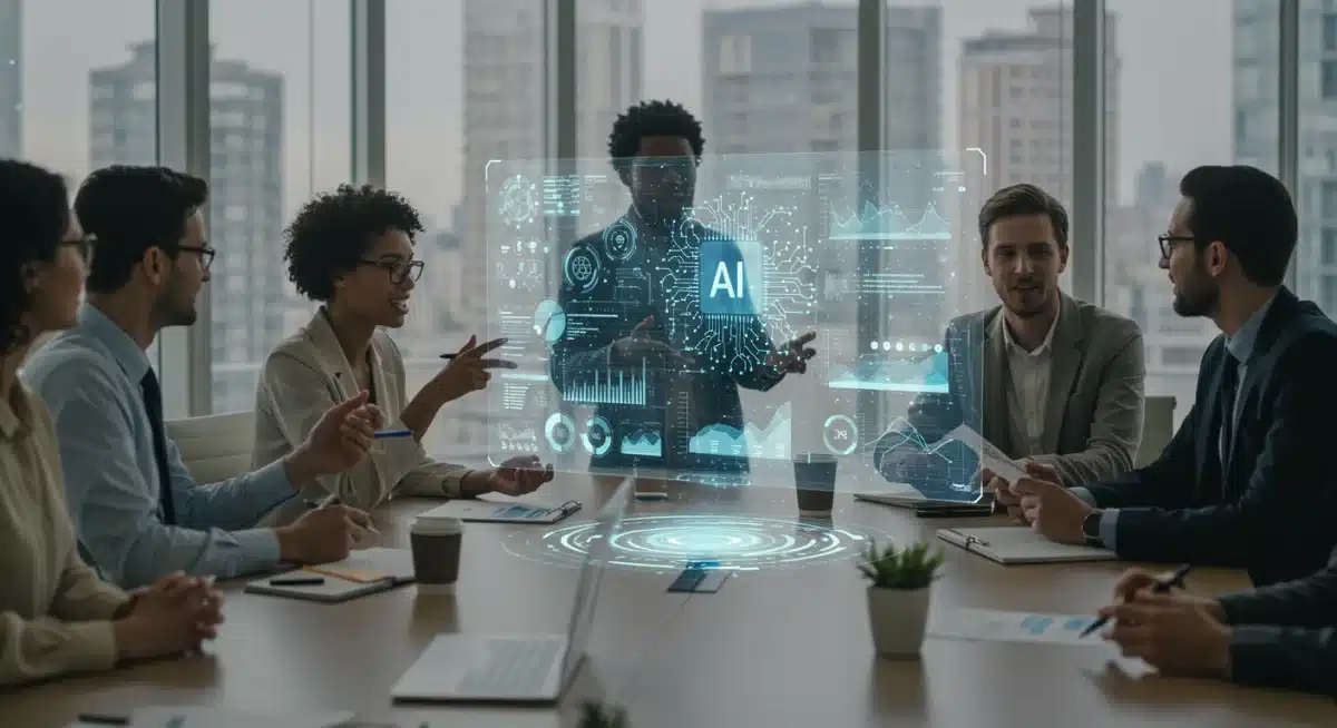 Business professionals discussing Generative AI adoption and strategic planning in a modern office.