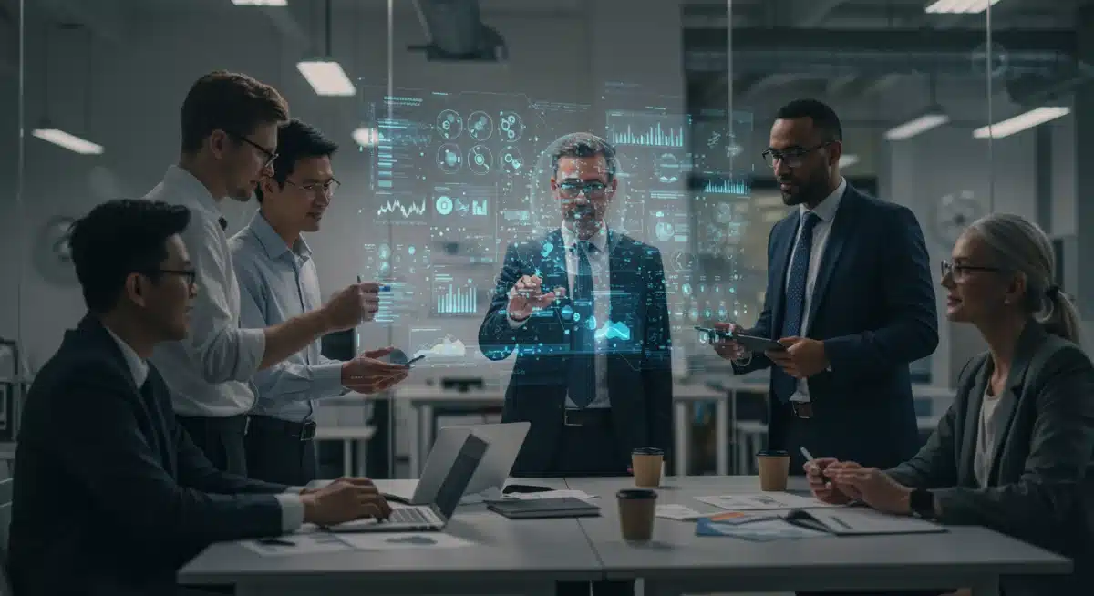 Business executives discussing quantum algorithm integration in a modern office, symbolizing strategic planning.