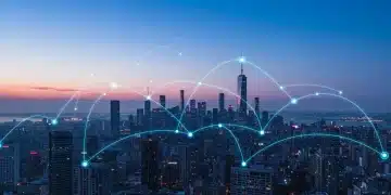 Futuristic cityscape with glowing lines symbolizing 5G network connectivity across urban infrastructure.