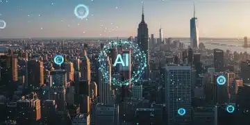 Futuristic cityscape with glowing neural networks representing Generative AI integration in the US market.