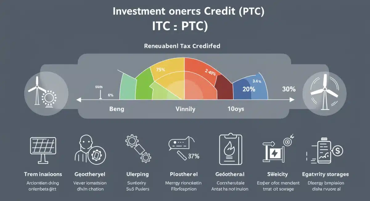 Infographic explaining Investment Tax Credit (ITC) and Production Tax Credit (PTC) for various renewable energy sources with percentages and eligibility.