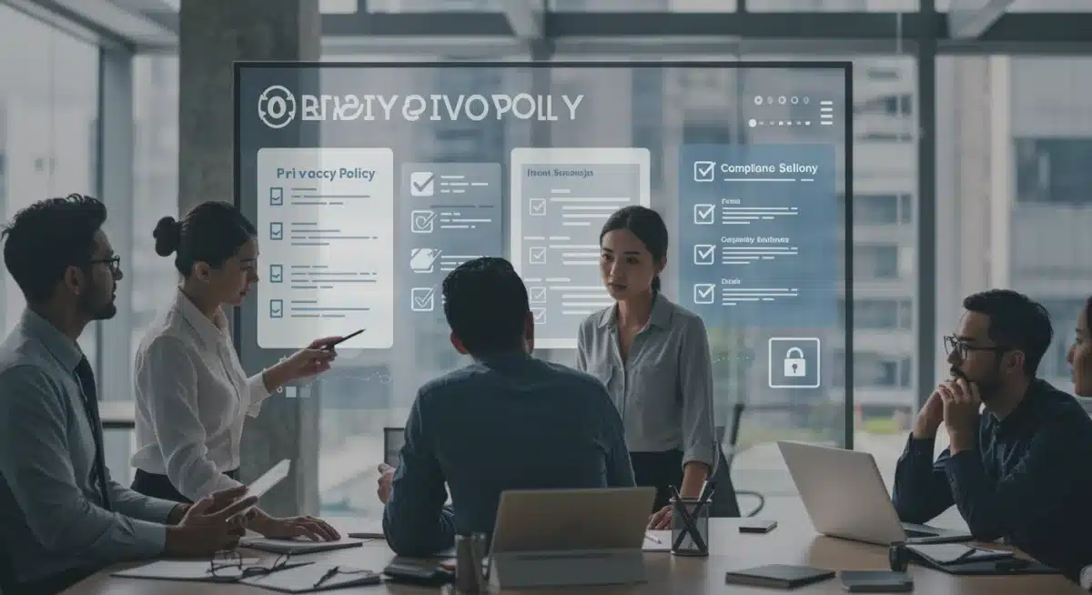 Business team collaborating on privacy policy implementation and compliance checklist.