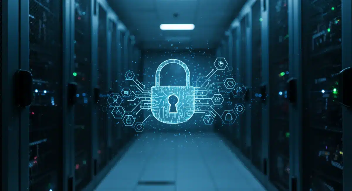 Secure data center with quantum symbols and padlock, illustrating quantum-resistant cybersecurity measures.