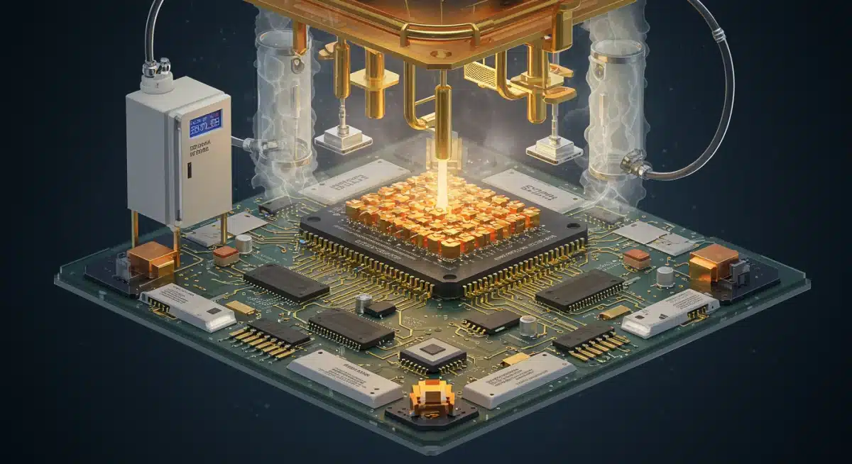 Close-up of a quantum processor chip with cryogenic cooling system