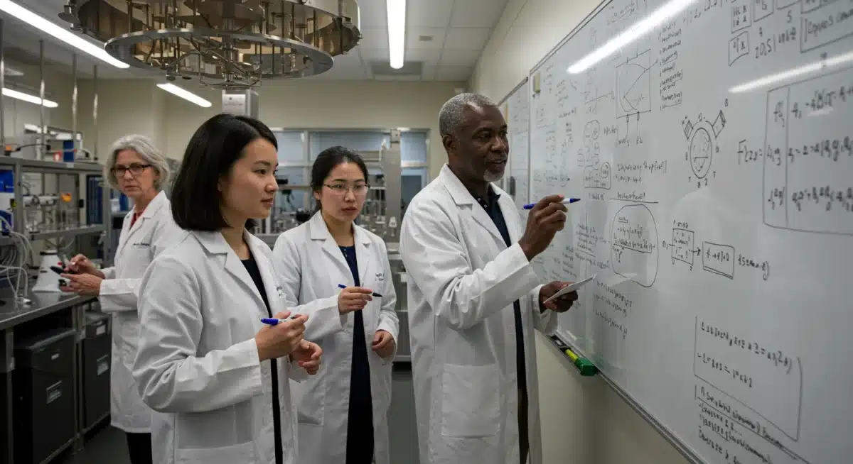 Scientists collaborating on quantum algorithms in a research lab